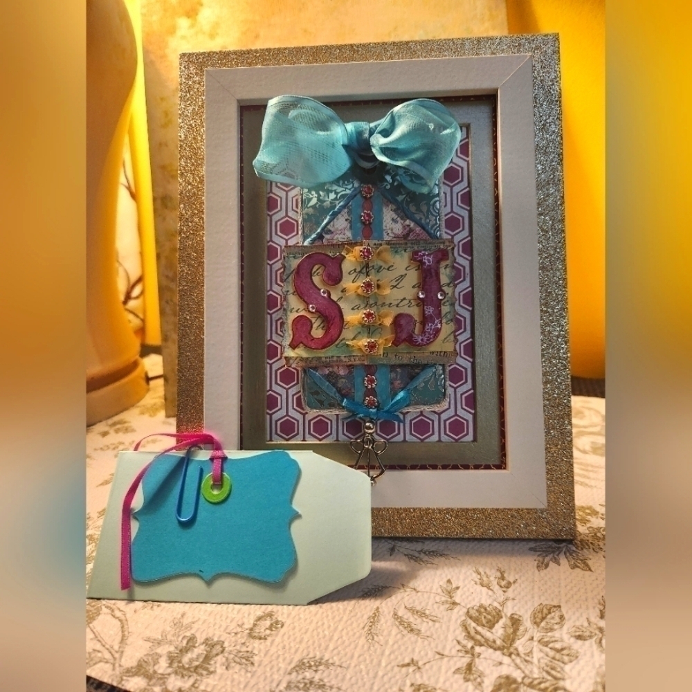 Handcrafted 3D Initials "S-J" Framed Design wall hang/stand display w/ Gift card